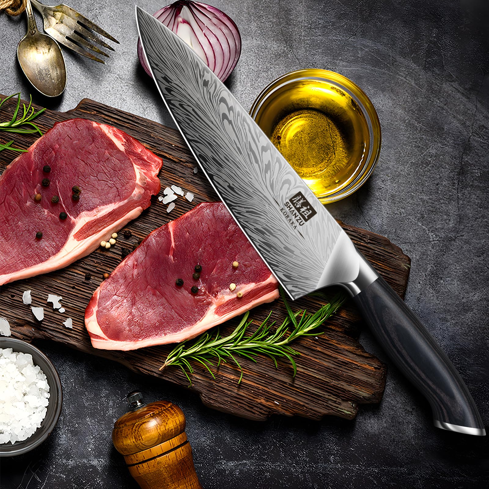 SHAN ZU Chef Knife in Powder Steel, Japanese Kitchen Knife 8 Inch, Ultra Sharp Chef's Knives, High Carbon Japanese Knives with Ergonomic Pakkawood Handle Professional Utility Knives for Meat Vegetable