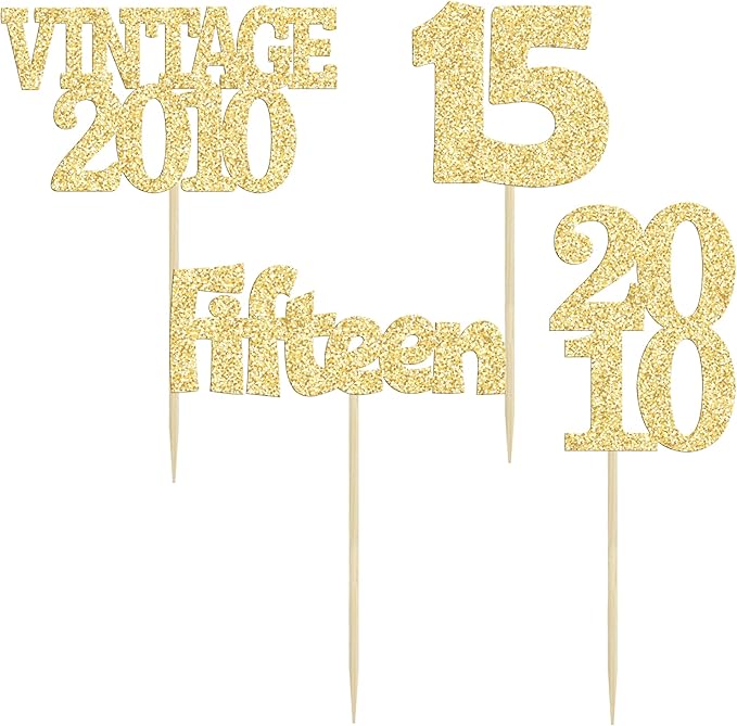 Gyufise 24Pcs Sweet 15 Cupcake Toppers Glitter Fifteen Vintage 2010 15th Birthday Cupcake Picks Hello 15 Years Birthday Cake Decorations for Happy 15th Anniversary Party Supplies Gold