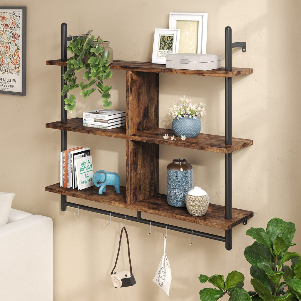 Bestier 41.5" Floating Shelves for Wall 3 Tier Kitchen Shelves Wall Mounted Coffee Bar Shelf Hanging Shelf with 8 Hooks, Industrial Display Pipe Shelving for Kitchen Living Room Bathroom, Rustic Brown
