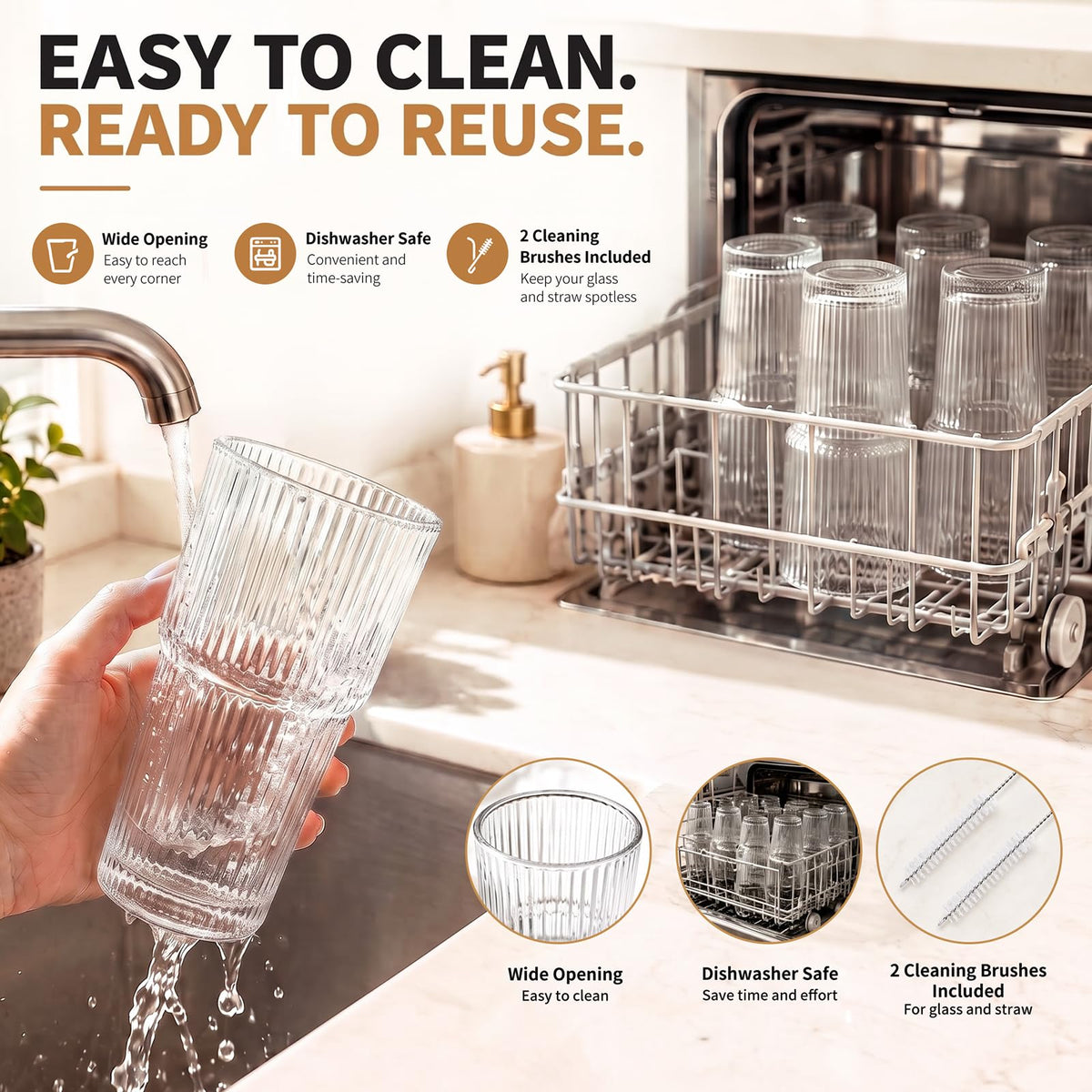 Salpae 20oz Iced Coffee Cups with Lids and Straws, Ribbed Glass Tumblers
