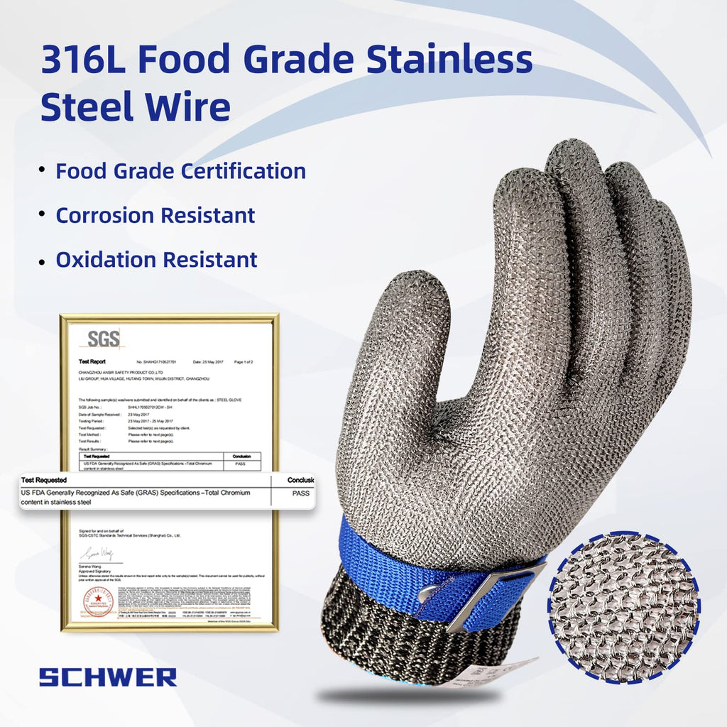 Schwer SlicePro ANSI A9 Cut Resistant Glove PR1706, Stainless Steel Mesh Metal Glove, Food Grade for Kitchen Cooking, Butcher Meat Cutting, Oyster Shucking, Mandoline, (XL, 1 PCS)