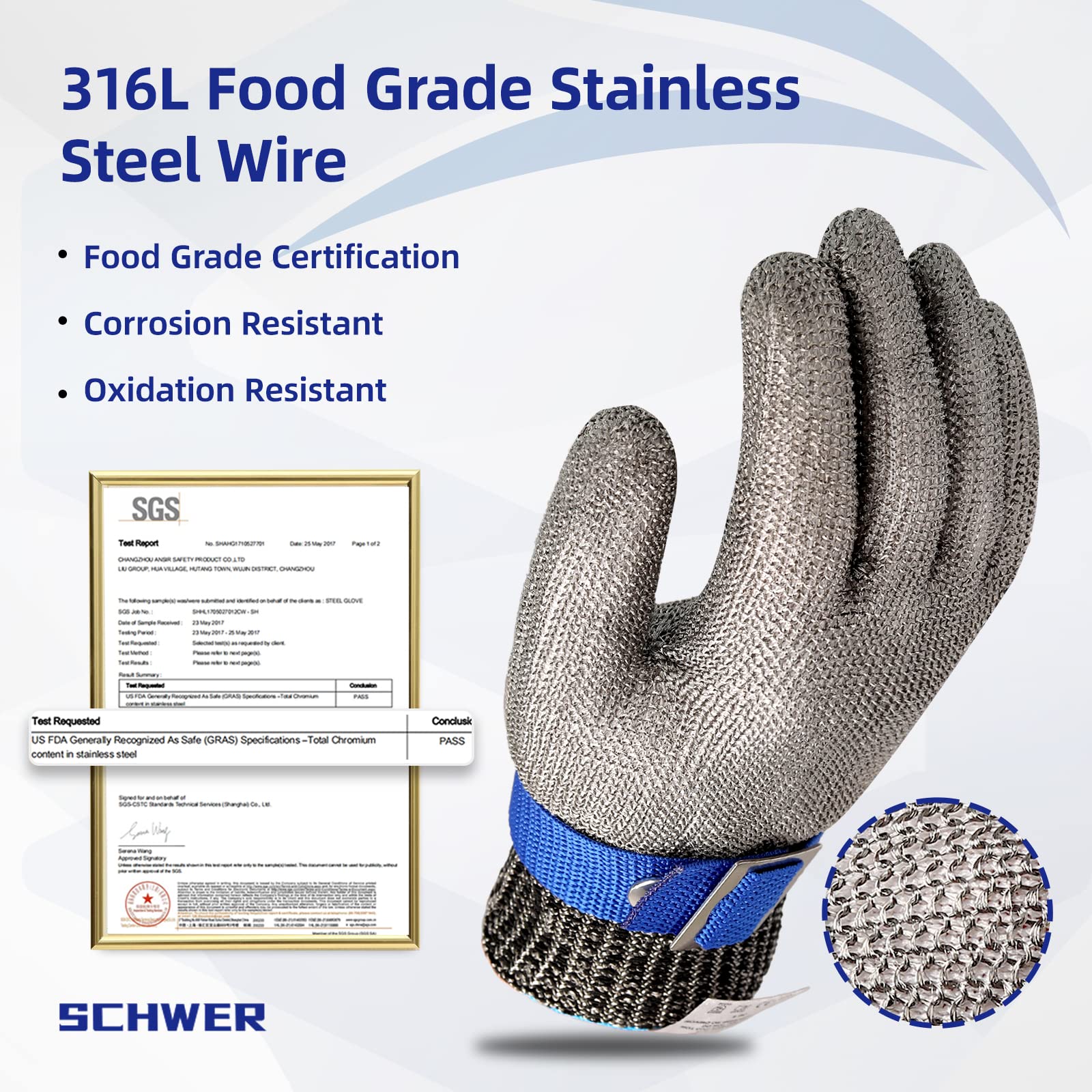Schwer SlicePro ANSI A9 Cut Resistant Glove PR1706, Stainless Steel Mesh Metal Glove, Food Grade for Kitchen Cooking, Butcher Meat Cutting, Oyster Shucking, Mandoline, (XL, 1 PCS)