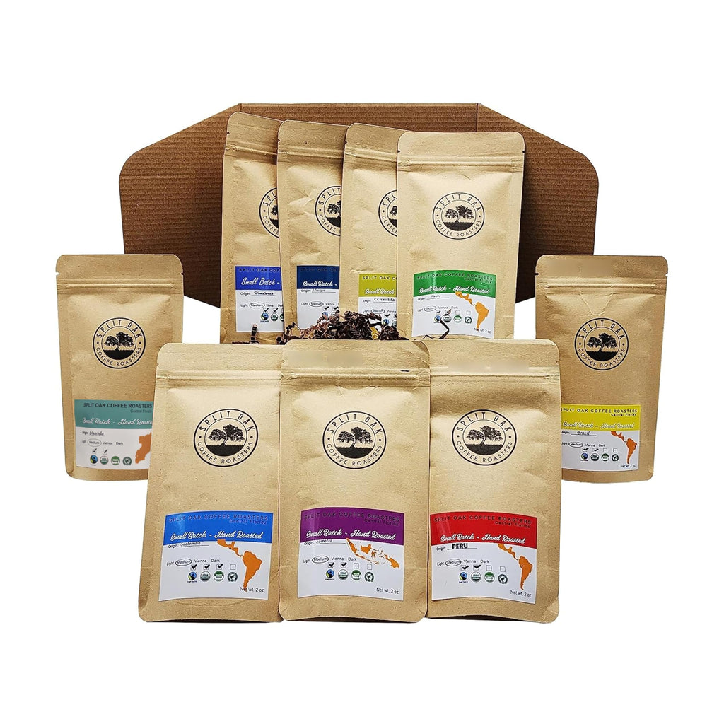 Split Oak Coffee Roasters Gourmet Gift Box – Whole Bean Variety Pack Gift Box, 9 Medium Roast Coffees from Around the World – Global Tasting Collection, 2oz Bags, Roasted in the USA