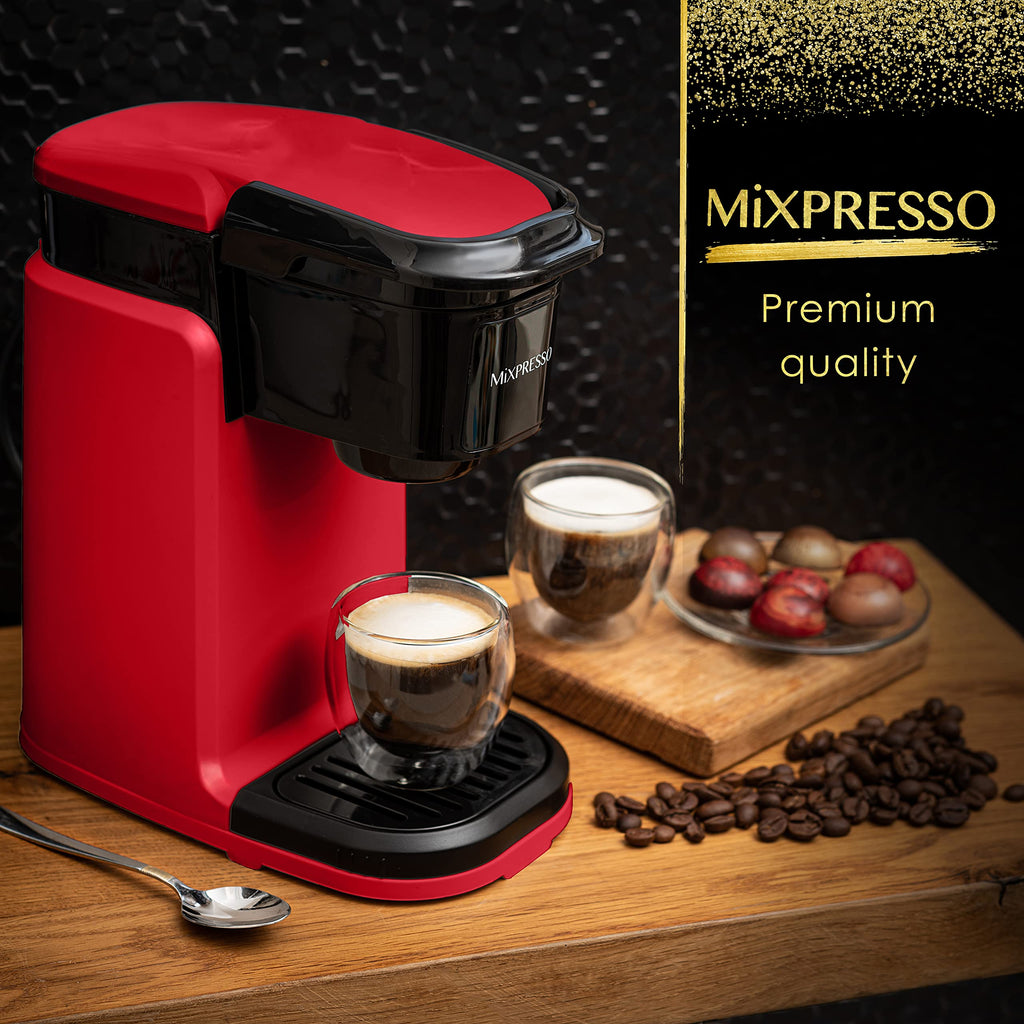 Mixpresso Red Single Serve Coffee Maker for K Capsule, Compact Mini Coffee Maker 800 Watt Coffee Machine for Pods or Ground, Fast Brew, Auto Shut Off, 12 Oz Brew Size for Travel, Office, RV and Dorm