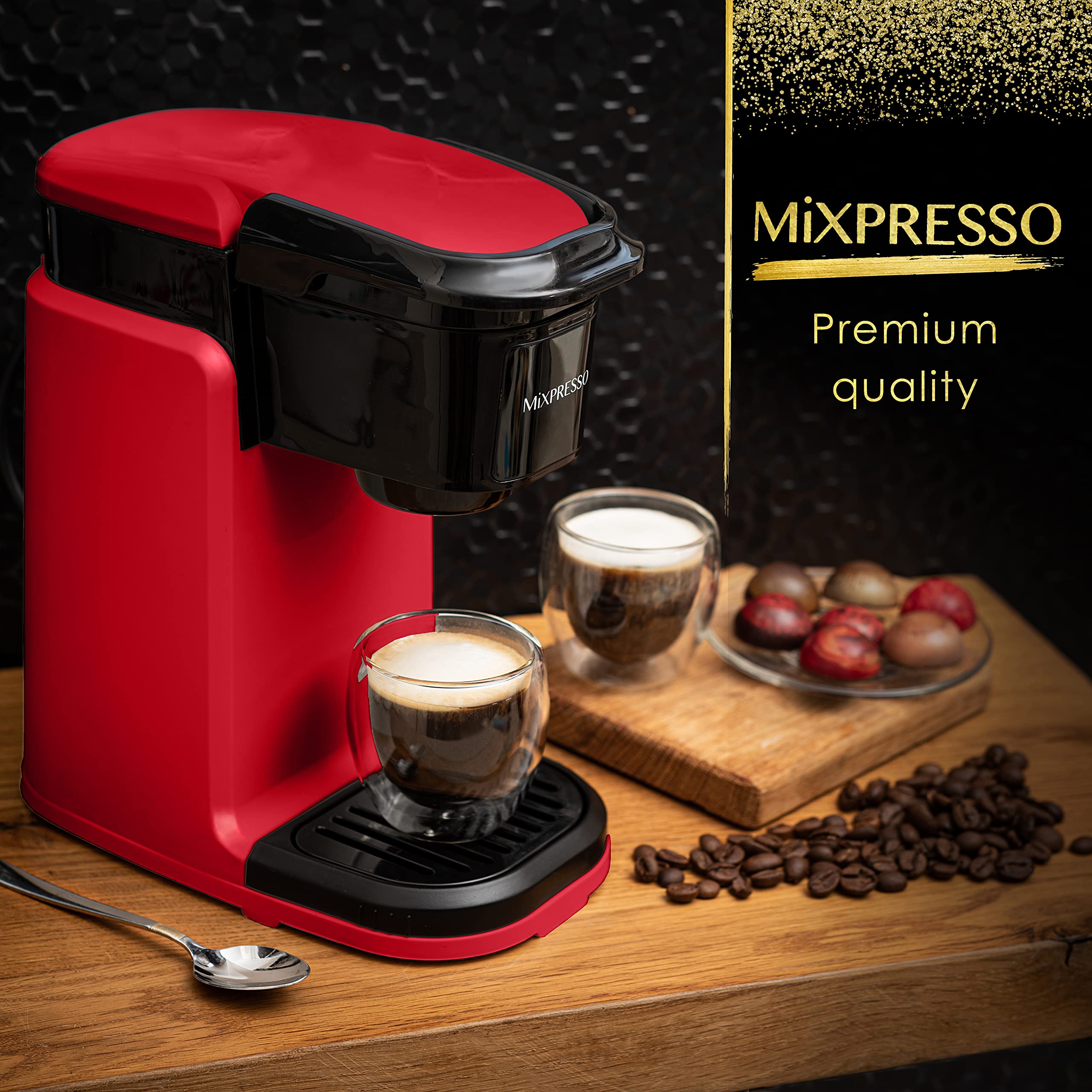 Mixpresso Red Single Serve Coffee Maker for K Capsule, Compact Mini Coffee Maker 800 Watt Coffee Machine for Pods or Ground, Fast Brew, Auto Shut Off, 12 Oz Brew Size for Travel, Office, RV and Dorm