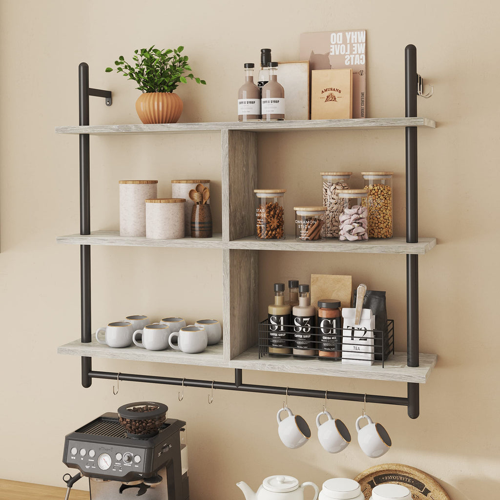 Bestier 41" Floating Kitchen Shelves Wall Mounted 3 Tier Coffee Bar Mug Shelf Hanging with 8 Hooks Display Plant Pipe Shelving for Living Room Kitchen Bathroom Balcony, Retro Grey