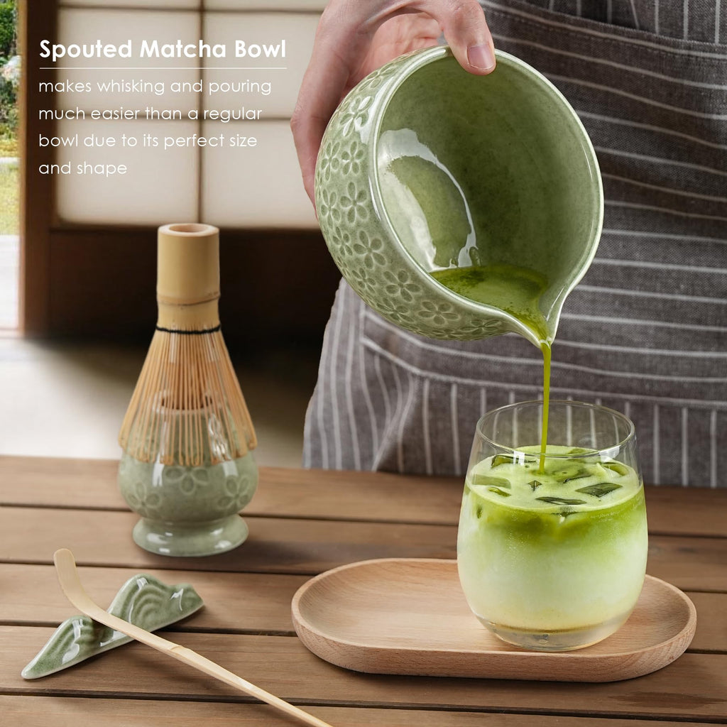 7Pcs Matcha Whisk Set, Matcha Set Whisk and Bowl,Bamboo Scoop, Scoop Rest, Sifter and Tea Towel, Matcha Kit W/Carved Cherry Blossm Pattern for Matcha Lovers (Sakura Green)