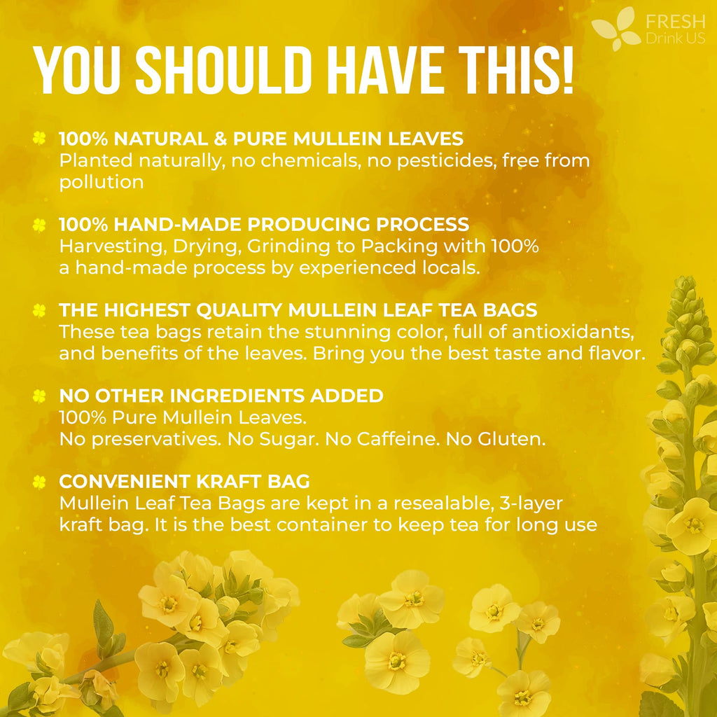 FreshDrinkUS, Premium Mullein Leaf Tea - 10 Bags, 100% Natural & Pure. Made with Eco-Conscious Tea Bags. No Sugar, No Caffeine, No Gluten, Vegan.