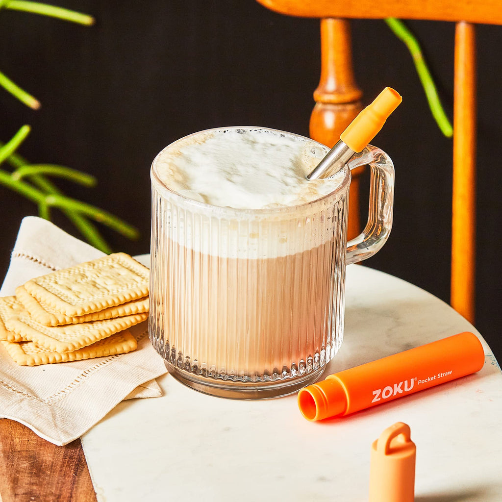 Zoku Reusable Metal Straw with Case, Collapsible Travel Straw - Orange