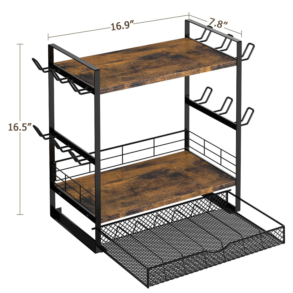 OGEMXU Coffee Station Organizer, 3 Tier Bar Organizer for Countertop, Mug Cup Holder Stand With 12 Hooks and 28 K Cup Storage for Kitchen, Home & Office, Rustic Brown