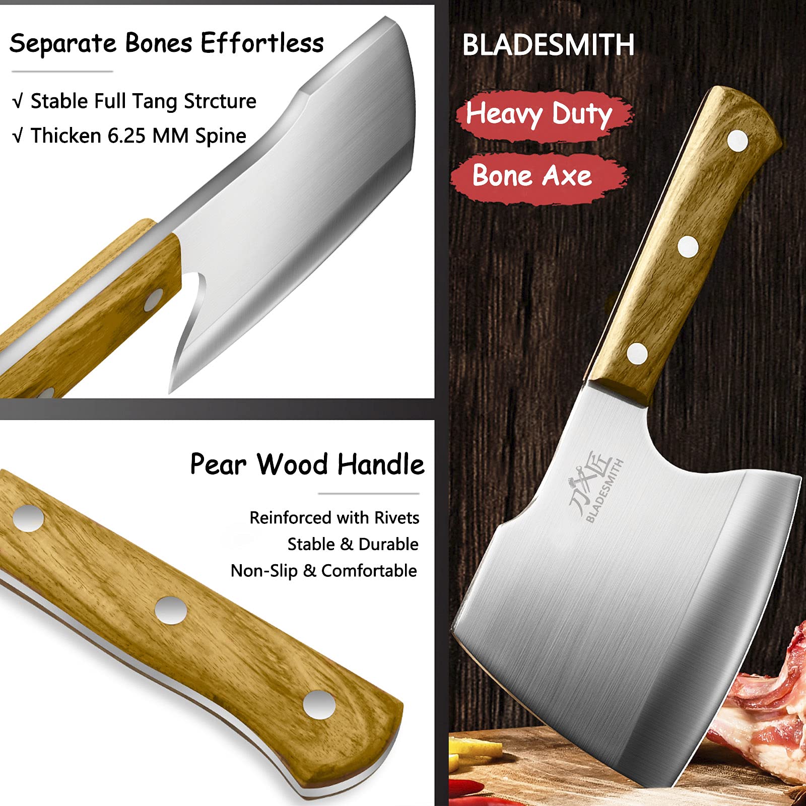 BLADESMITH Meat Cleaver Butcher Axe Bone Chopper Heavy Duty - 6.3'' Bone Cutting Knife Bone Breaker, Stainless Steel Thicken Blade & Pear Wood Handle, Slaughterhouse Looks Manly,2025 Gifts