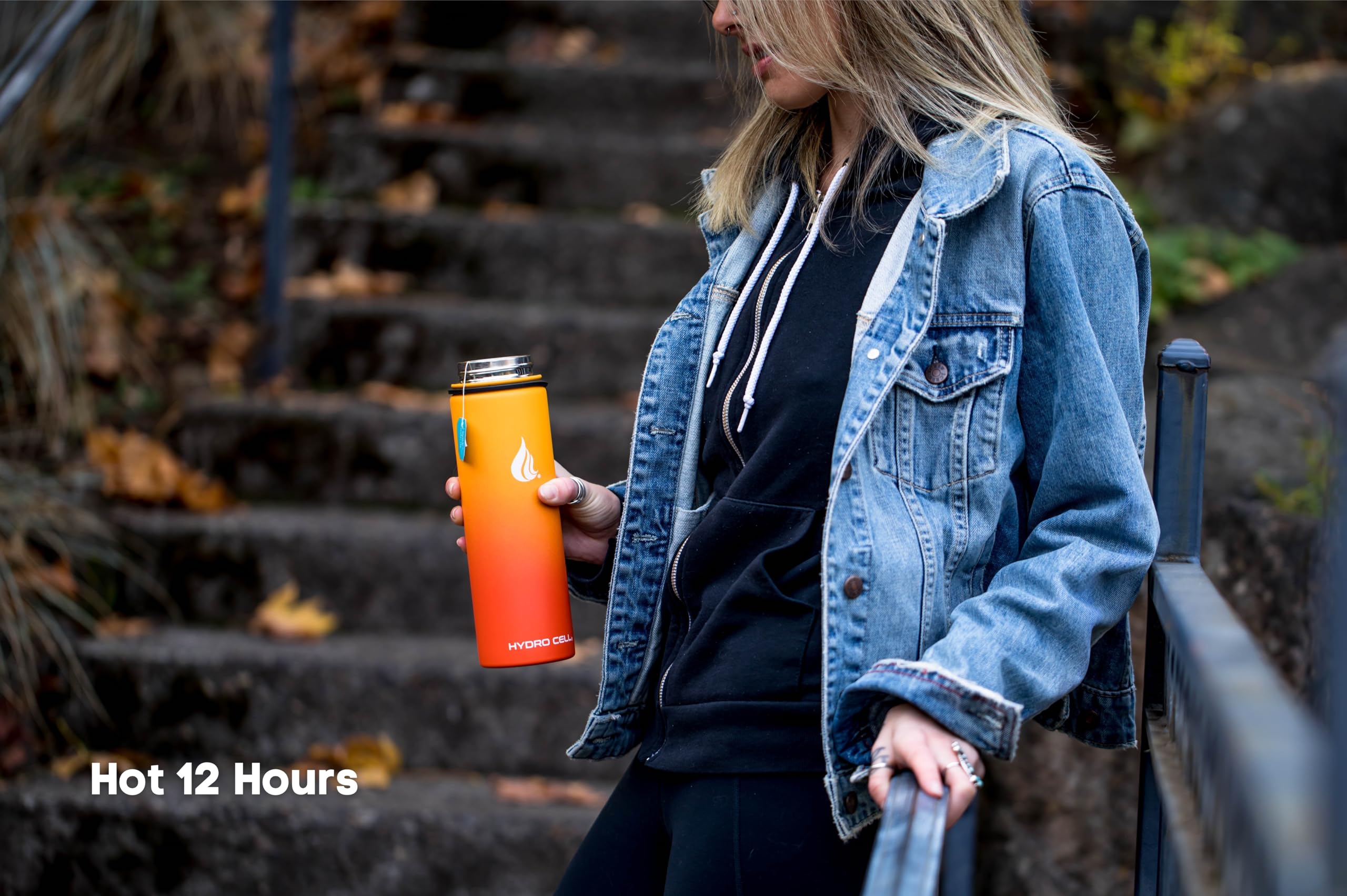 HYDRO CELL Stainless Steel Insulated Water Bottle with Straw - For Cold & Hot Drinks - Metal Vacuum Flask with Screw Cap and Modern Leakproof Sport Thermos for Adults (Red/Orange 24oz)