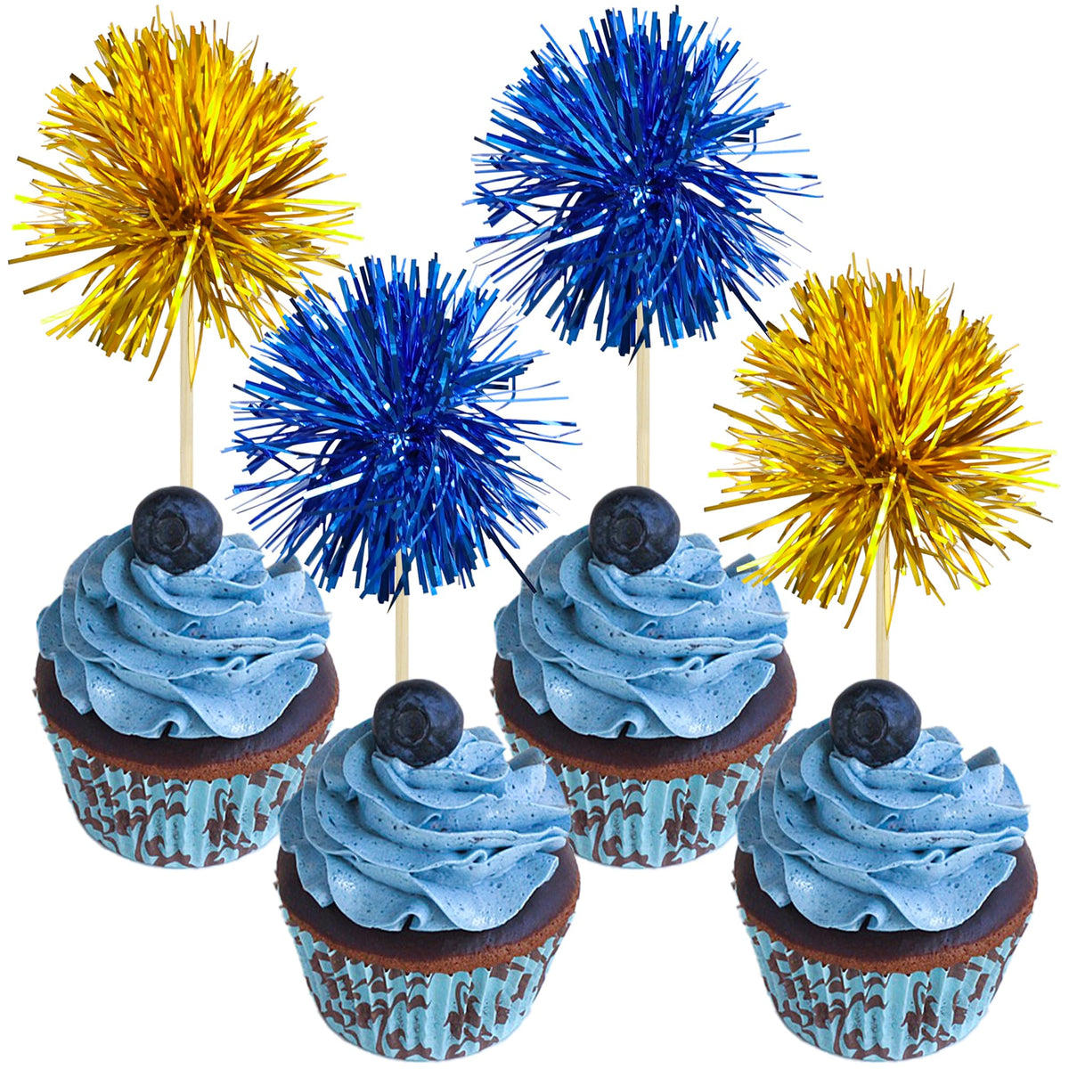 Gyufise 30Pcs Foil Firework Cupcake Toppers Sparkle Tinsel Cake Toppers Tinsel Drink Cake Decoration Cocktail Picks for Birthday Wedding Graduation Party Supplies Dark Blue