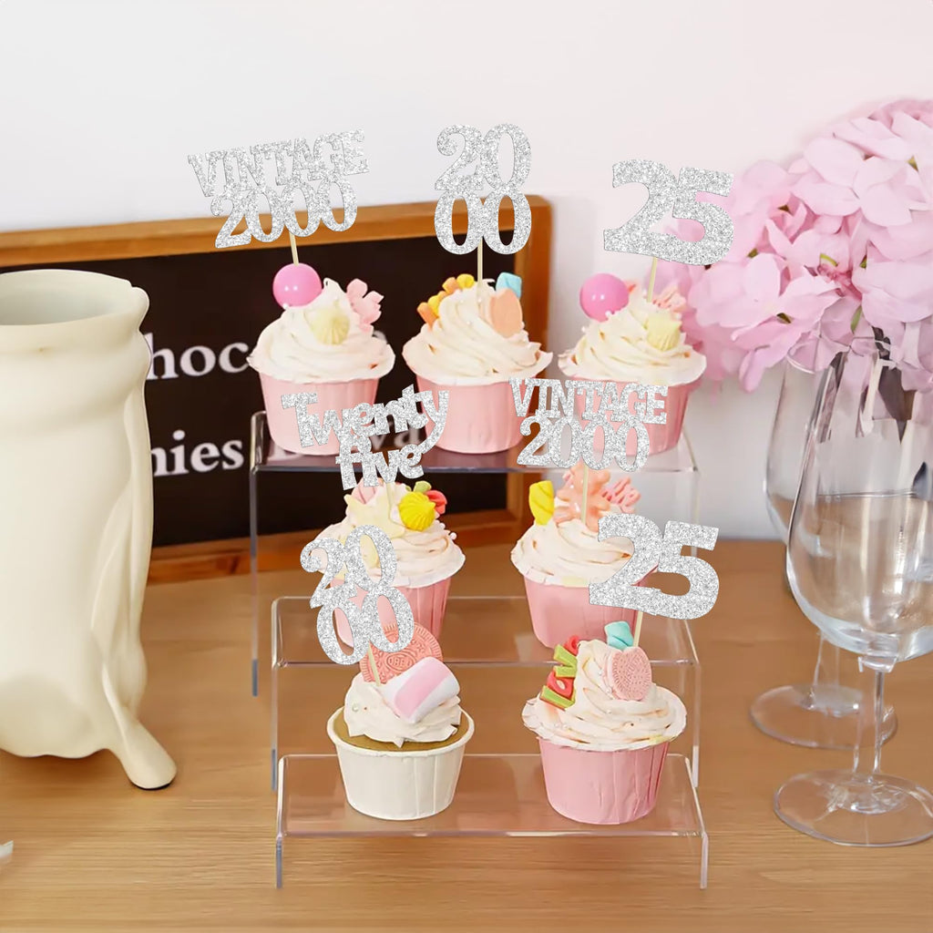 Gyufise 24Pcs 25th Birthday Cupcake Toppers Glitter Twenty-five Vintage 2000 Hello 25 Years Birthday Cupcake Pick Cheers to 25 Cake Decoration for Happy 25th Anniversary Party Supplies Silver