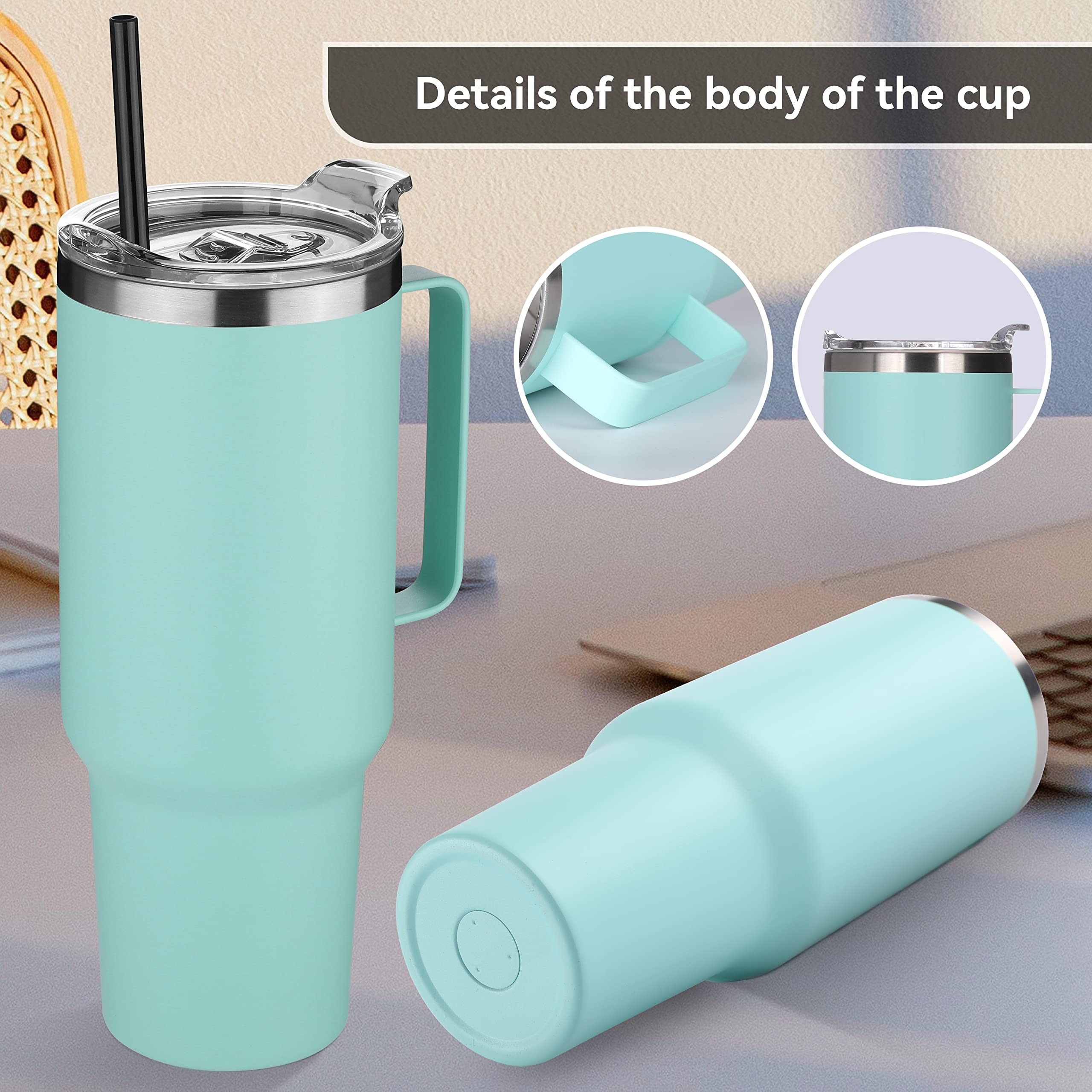 HASLE OUTFITTERS 40 oz Stainless Steel Tumbler with Handle, Vacuum Insulated Tumblers Bulk, Reusable Double Wall Travel Coffee Mug, Durable Powder Coated Water Bottles(Mint Green, 8)