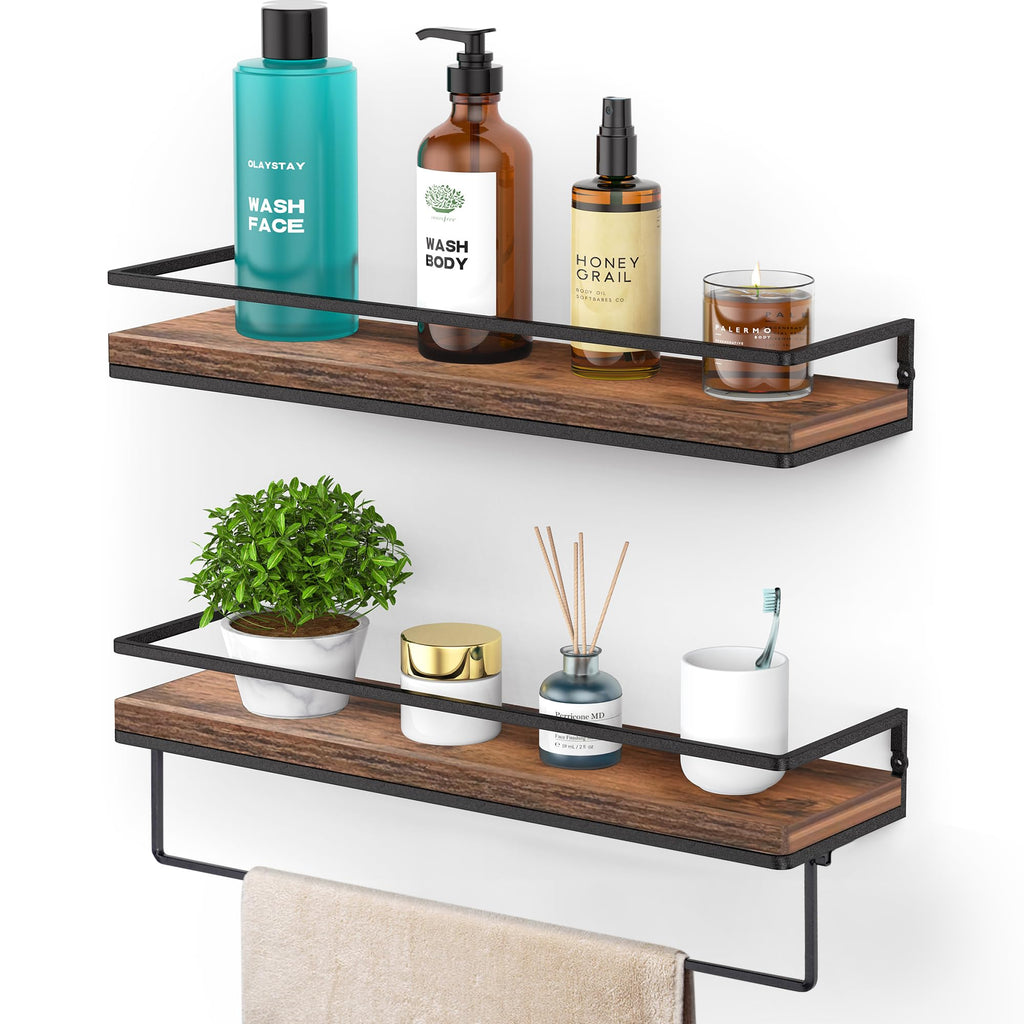 Meangood Floating Shelves Wall Mounted Set of 2, Towel Bar Rustic Wood Wall Storage Shelves for Bedroom,Living Room,Bathroom, Kitchen Rustic Brown