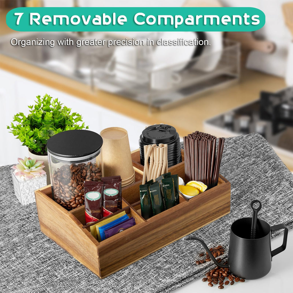 ALELION Acacia Wood Coffee Station Organizer for Countertop - 7 Compartments Coffee Bar Accessories and Organizer with Removable Dividers - Coffee and Tea Condiment storage Organizer