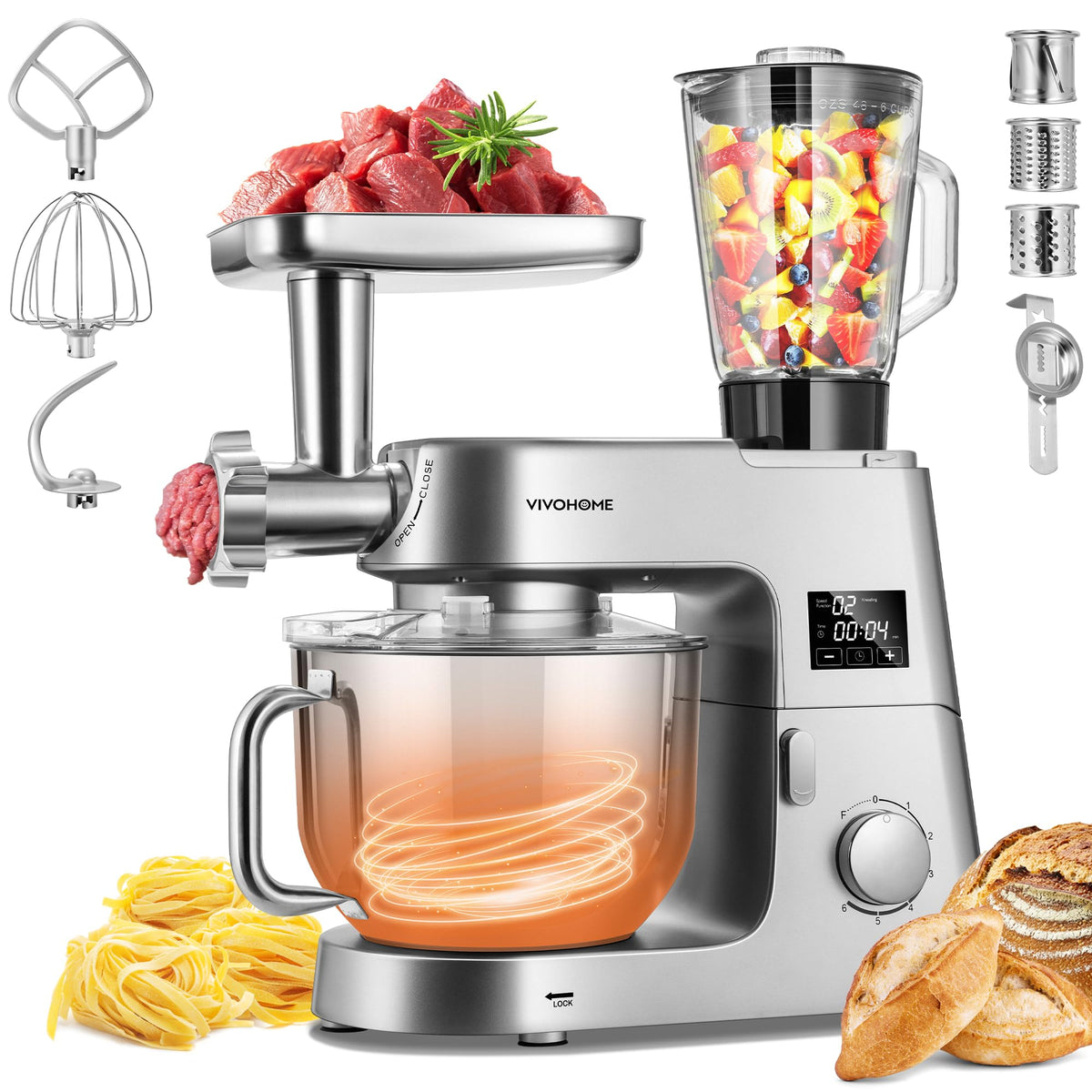 VIVOHOME 9-in-1 Stand Mixer with Fermentation & Timer, 7.5-Quart, Red