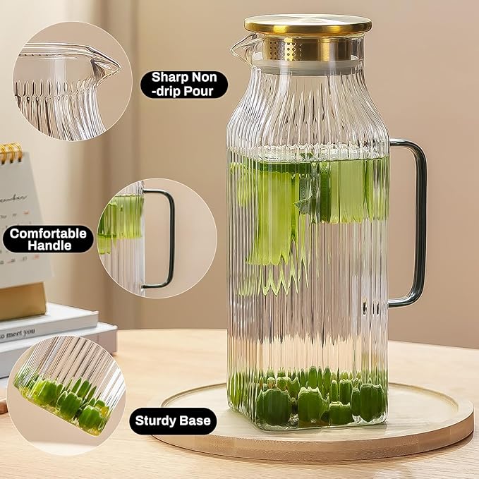 2 PACK Square Glass Pitcher with Lid and Spout,68 oz/2 Liter Vertical Stripes Water Pitcher for Fridge, Borosilicate Glass Water Carafe for Cold Brew, Coffee, Lemonade, Sun Tea,Heat Resistant