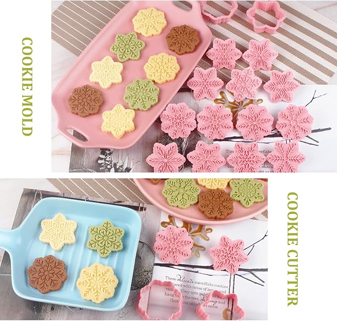 9pcs Christmas Cookie Cutter Set Snowflake Cookie Cutters with Plunger Stamps Biscuit Mold 3D Snowflake Cookie Molds Cake Baking Fondant Cutter Christmas Party DIY Cookie Decorating Supplies (A)