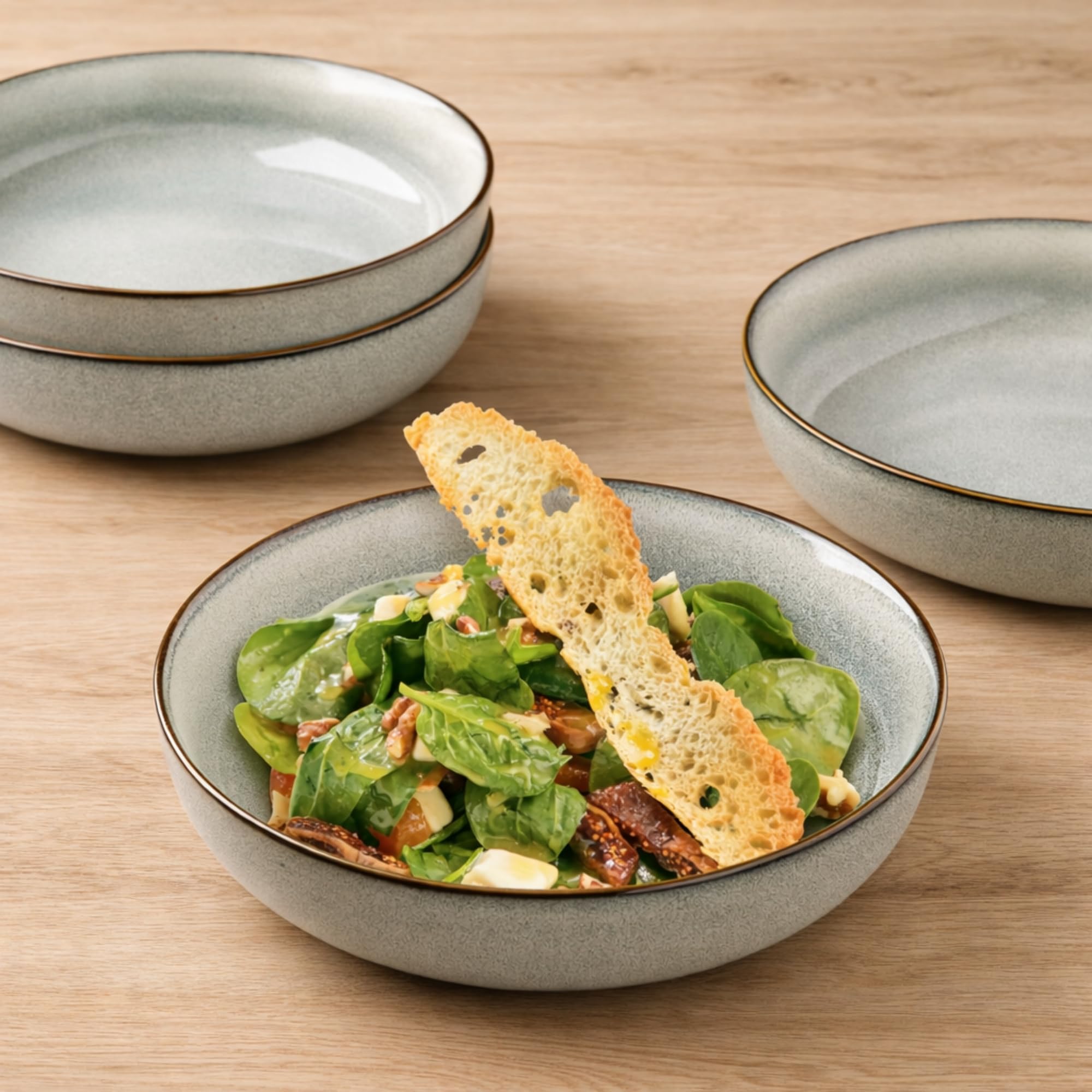 GBhome 8.75'' Large Ceramic Pasta Bowls, 38oz Stoneware Pasta Serving Bowls Set of 4 for Kitchen, Wide Bowls for Fruit,Pasta,Salad,Oatmeal,Meal, Microwave Safe, Reactive Glaze-Green Wheat