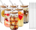 6pcs Set-16oz, Glass Cups with Bamboo Lids and Glass Straw - Beer Can Shaped,CuteTumbler Cup,Soda,deal for Cocktail,Iced Coffee Cups,6 Cleaning Brushes glass cups with lids and straws