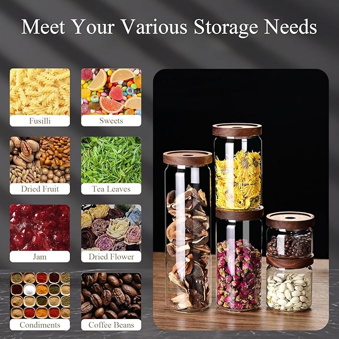 Glass Jars with Airtight Wood Lids - Small Large Kitchen and Pantry Storage Containers, Canisters for Spaghetti, Noodles, Pasta, Ground Coffee, Sugar, Cereal, Spice, Salt, Salad, Matcha, Set of 5