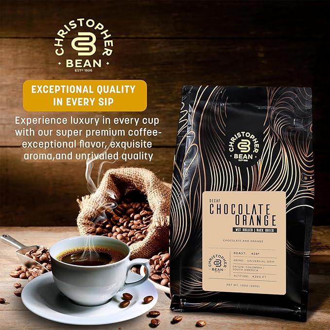 Christopher Bean Coffee - Certified Kosher - Decaf Ground Universal Drip Chocolate Orange Flavored Coffee with Medium Roast | Chocolate Orange Coffee No Sugar with 100% Arabica, No Fats, Non-GMO | 10-Ounce