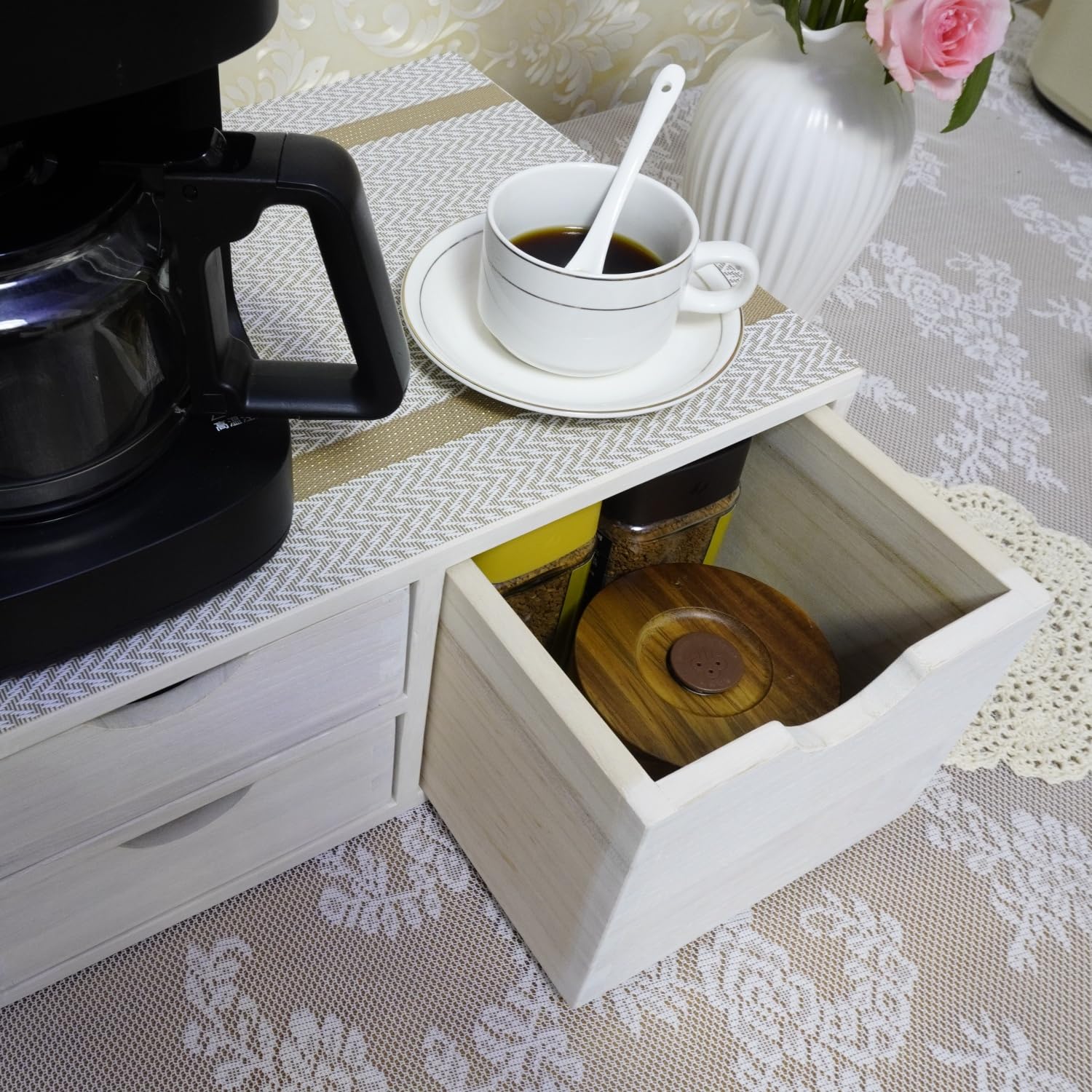 DDYURI Kitchen Storage Organizer with 3 Drawers for Coffee Brew K Cup/Coffee Pod Holder - Office Organization Drawer for Desk, Multi-Purpose Mini Wood Cabinet Countertop Stand Shelf CF2D3C White