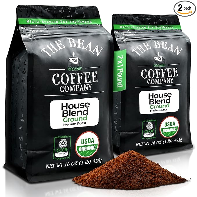 The Bean Organic Coffee Company House Blend, Medium Roast, Ground Coffee, 16-Ounce Bags (Pack of 2), Café molido tostado orgánico