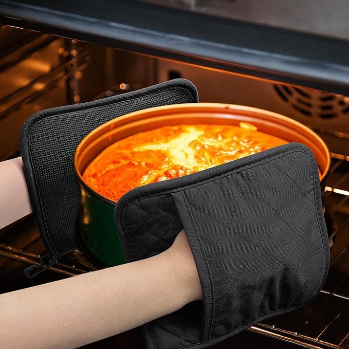 Cotton and Neoprene Oven Pads Pot Holders with Pocket 8"x8.5" Dual-Function Hot Pad Set for Finger Hand Wrist Protection Heat Resistant to 428°F Black