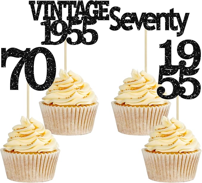 Gyufise 24Pcs Vintage 1955 Cupcake Toppers Glitter Cheers to 70 Fabulous Seventy Cupcake Picks 70th Birthday Wedding Anniversary Party Cake Decorations Supplies Black