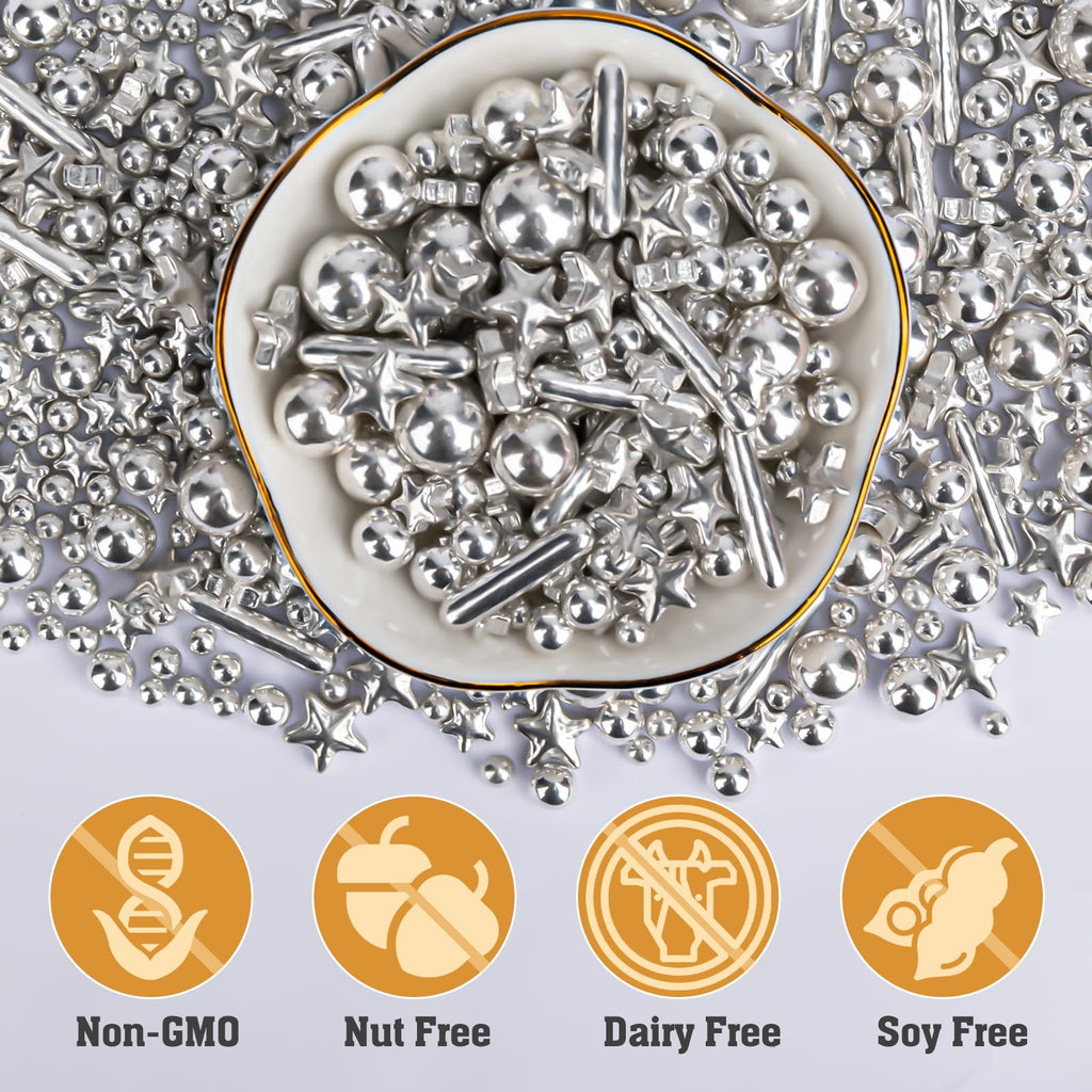 Twisweet Silver Pearl Rods Star Sprinkles, Edible Sugar Sprinkles for Cake Decorating, Mix Size Candy Pearls for Baking Cake Topper Ice Cream Cupcake Cookie Dessert Decorations, Wedding Valentines Birthday Christmas Easter Supplies (130g/4.58oz)