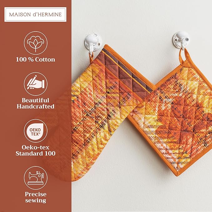 Maison d' Hermine 100% Cotton Oven Mitt & Pot Holder Set (7.5"x13" & 8"x8") Heat Resistant BBQ Cooking Gloves with Loop, Baking, Grilling, Kitchen, Handling Hot Pans (Thanksgiving Tartan)