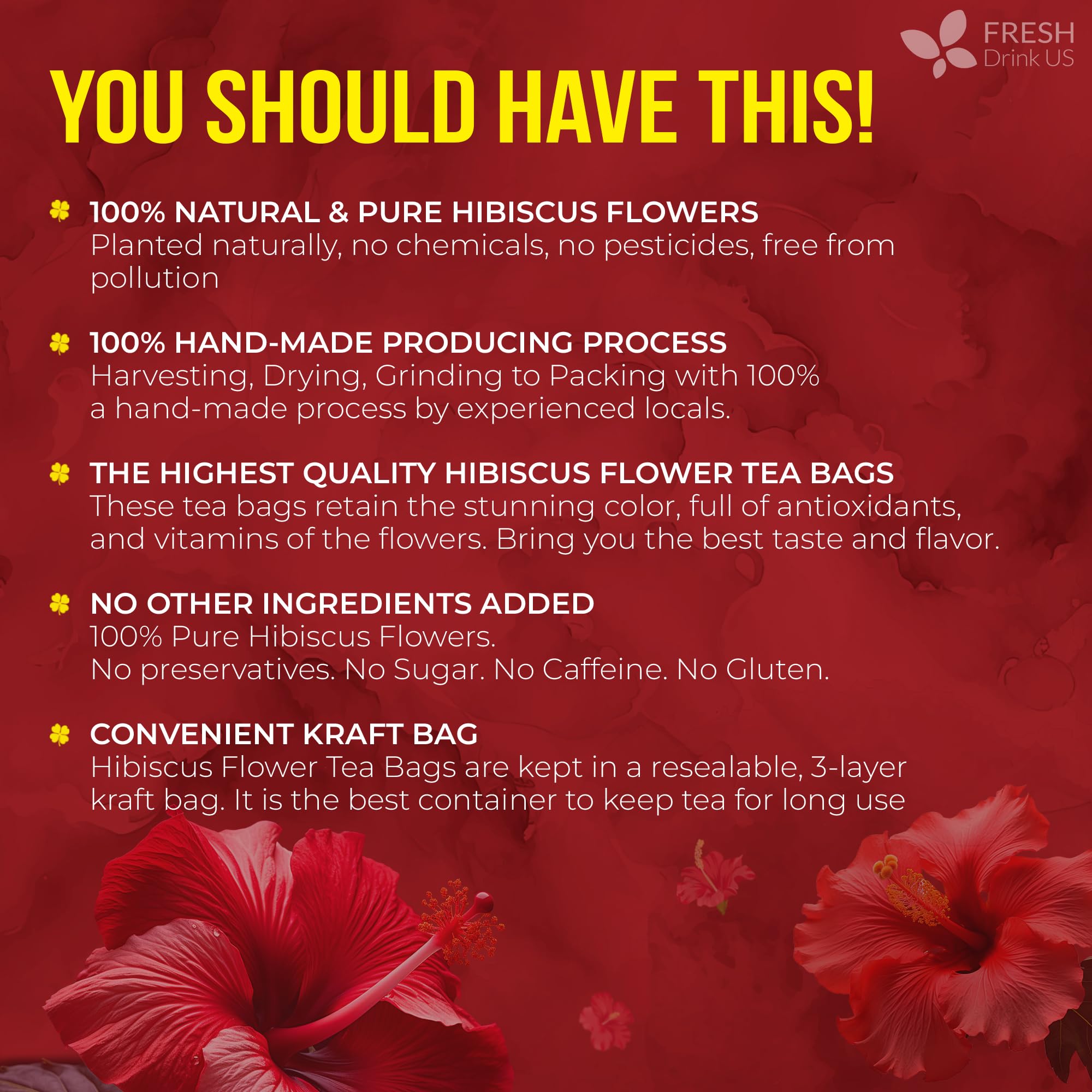 FRESHDRINKUS 60 Hibiscus Flowers Tea Bags, 100% Natural, Pure from Hibiscus Flowers. Loose Flower Hibiscus Herbal Tea. Hibiscus Flower Tea. No Sugar, No Caffeine, No Gluten, Vegan.