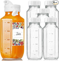 6 Pack 16 Oz Glass Juice Bottles with Pour Spout, 100% Airtight Heavy Duty SCREW Lid- Reusable Glass Milk Bottles w Capacity Mark, Square Drinking Jar Juice Container Breast Milk Pitcher(Extra 2 Lid)