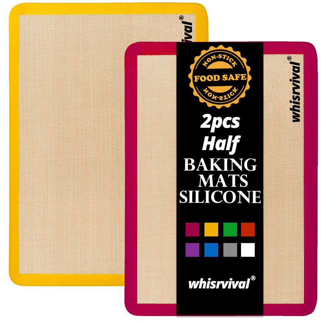 whisrvival Silicone Baking Mat, 2 colors Half Sheet(16.5"x11.6") Non-Stick Baking Mat, Food Safe Silicone Mats for Baking Cookies, Macarons, Vegetables, 480℉ Heat Resistant (Deep Raspberry & Amber)