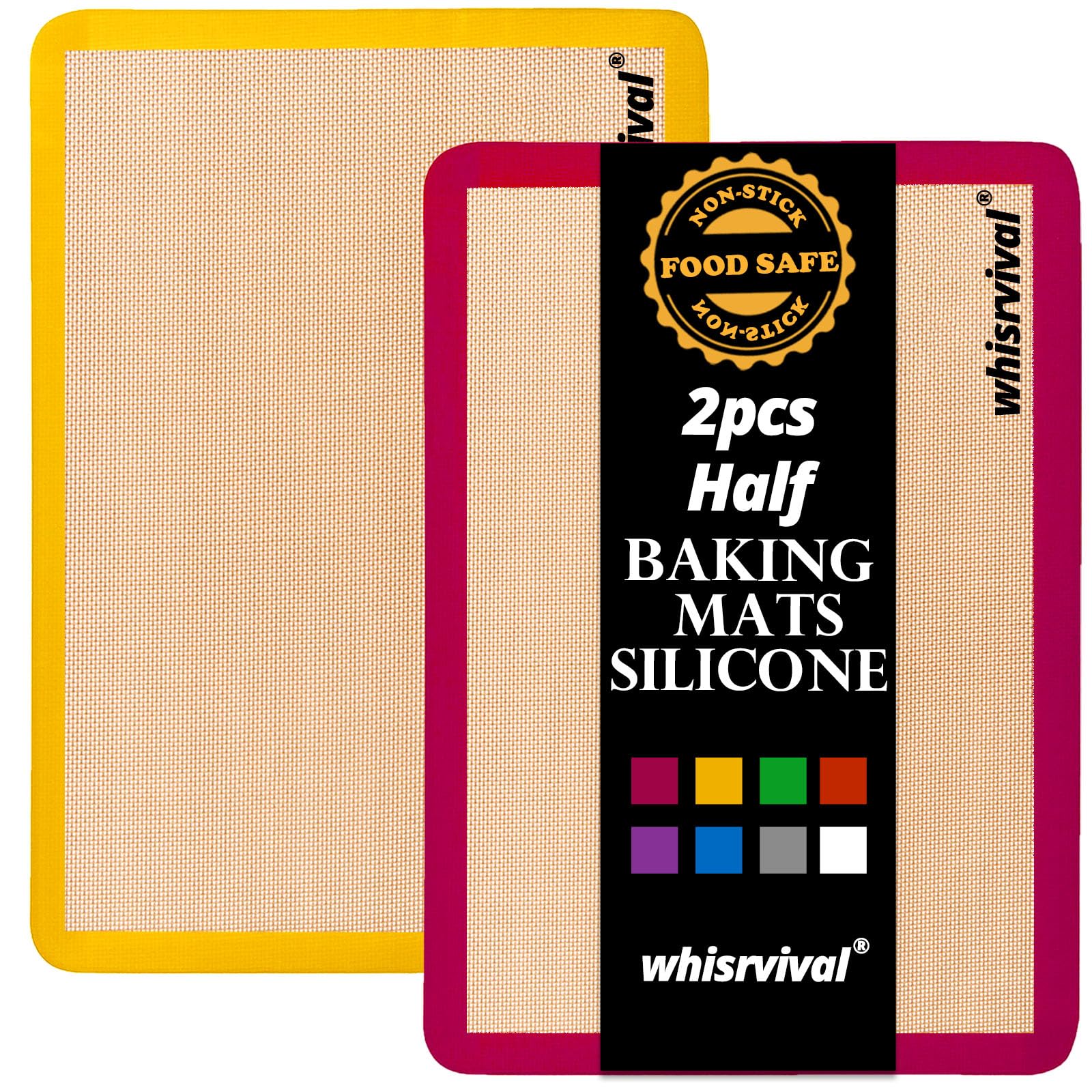 whisrvival Silicone Baking Mat, 2 colors Half Sheet(16.5"x11.6") Non-Stick Baking Mat, Food Safe Silicone Mats for Baking Cookies, Macarons, Vegetables, 480℉ Heat Resistant (Deep Raspberry & Amber)