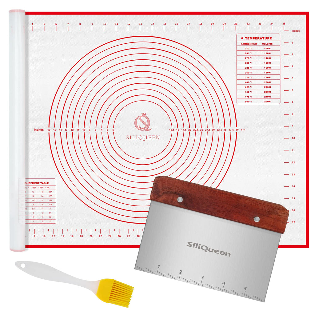 SiliQueen Silicone Pastry Baking Mat with Measurements Extra a Brush and a Dough Scraper- 27.5” x 20” Heat Resistant, BPA Free, Non-Stick Non-Slip Pastry Mat for Rolling Dough, Easy to Clean, Red