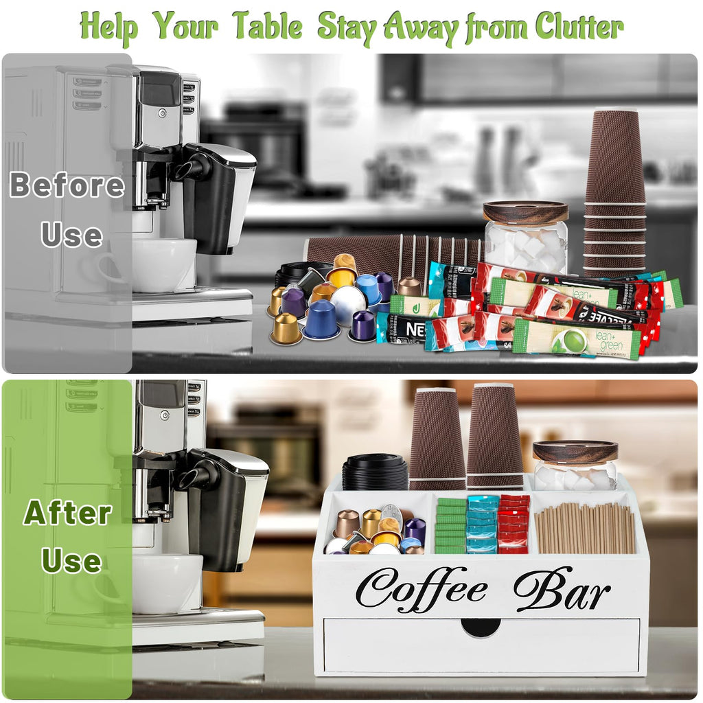 Coffee Bar Organizer Countertop, Wooden Bar Accessories With Drawer, Coffee Station Organizer Pods Holder Storage Basket, Farmhouse Tea Condiment Station