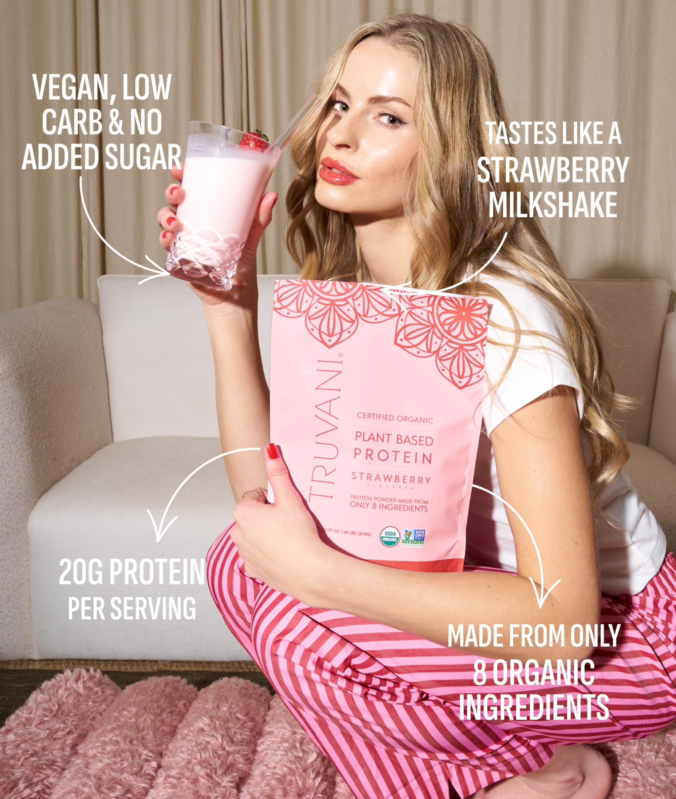 Truvani Organic Plant Based Protein Powder | Strawberry | 10 Servings