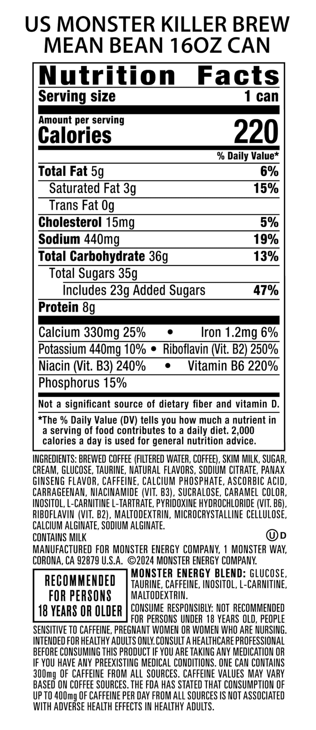 Monster Energy Killer Brew Mean Bean, 15 Fl Oz