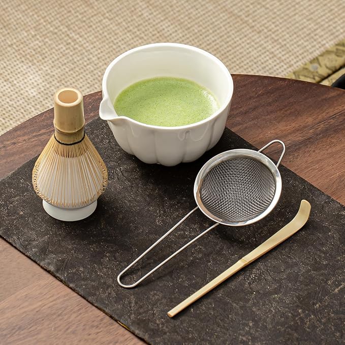 Matcha Whisk Set, Matcha Bowl with Spout, Matcha Whisk, Chasen Holder, Sifter, Bamboo Scoop - 5 Pcs Perfect Matcha Making Kit for Matcha Lover and Tea Ceremony (Pearl White)