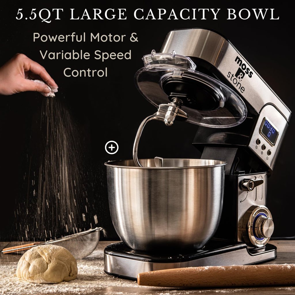 Moss & Stone Stand Mixer With Lcd Display, 6 Speed Electric Mixer With 5.5 Quart Stainless Steel Mixing Bowl, Kitchen Mixer With Dough Hook, Egg Whisk, Beater & Baking Spatula, Food Mixer With Timer
