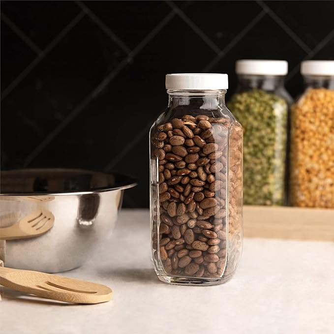 16oz Square Glass Milk Bottles with Plastic Airtight Lids -Vintage Reusable Dairy Drinking Jars Containers for Milk, Yogurt, Smoothies, Juice, Kefir, & Water -2 Pack 16 oz Glass Bottles with Lids