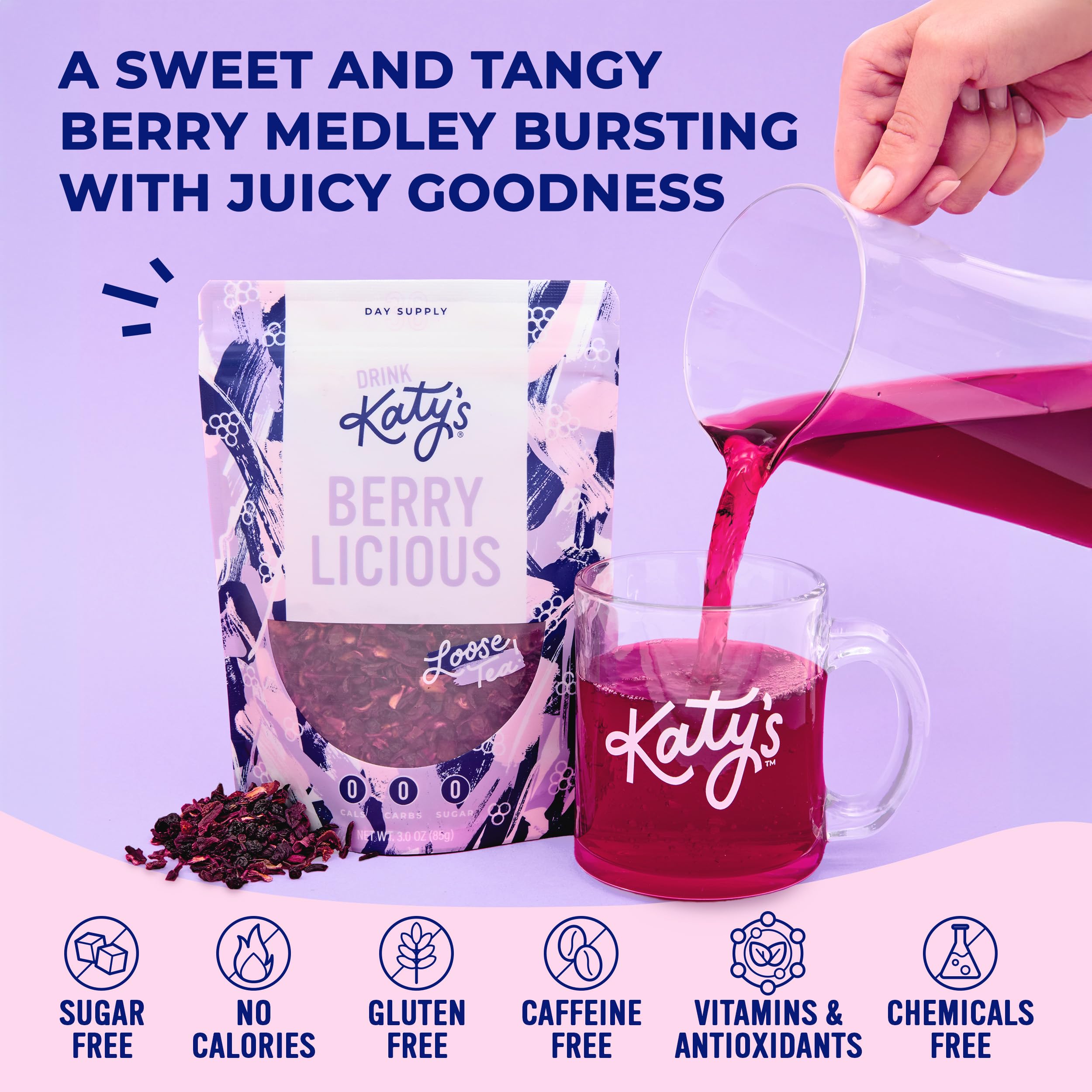 Katy’s Berry Loose Leaf Tea - Hibiscus, Blueberry & Cranberry - Fruity Herbal Tea, Caffeine-Free, Sugar-Free - Hot or Iced Tea - 30+ Cups