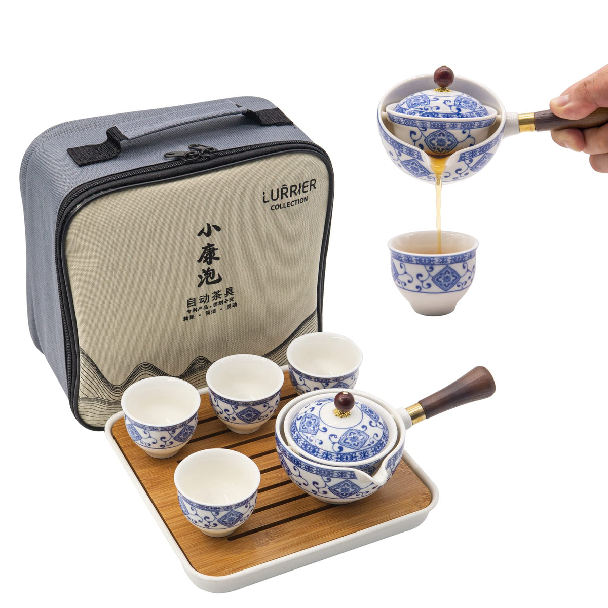 LURRIER Porcelain Chinese Gongfu Tea Set,Portable Teapot Set with 360 Rotation Tea maker and Infuser,Portable All in One Gift Bag for Travel,Home,Gifting,Outdoor and Office (Kitty Cat)