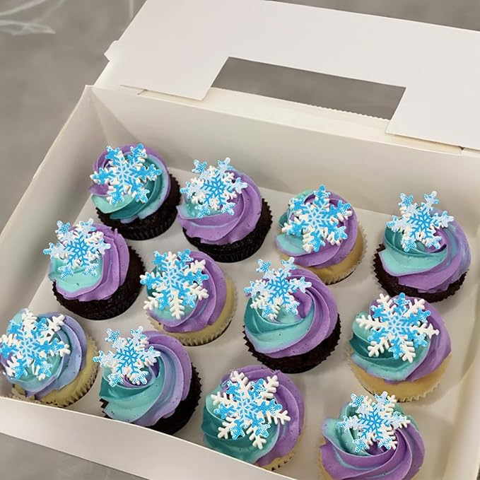 Gyufise 50Pcs Pink Edible Cupcake Cake Toppers Snowflake Cake Decorations for Christmas Winter Frozen Theme Party Supply Decoration Multi