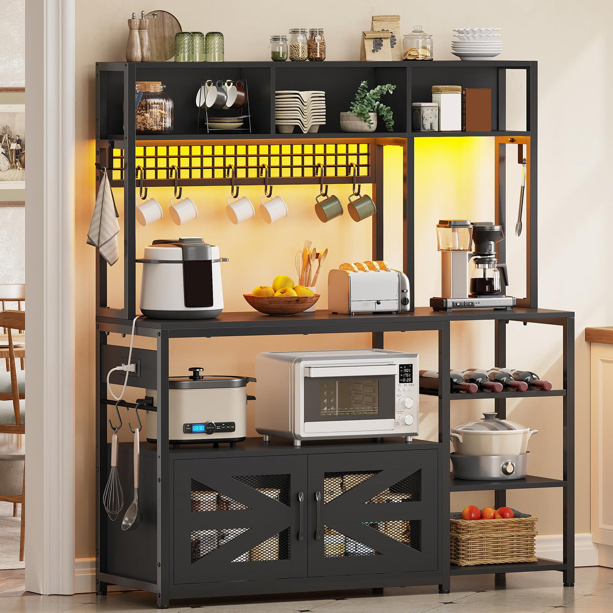 Itaar 47.2 Inch Bakers Rack with Power Outlet, Microwave Stand with Storage, Farmhouse Coffee Bar Cabinet Station with Wine Rack, Iron Mesh and 8-S Hooks (Rustic Brown)