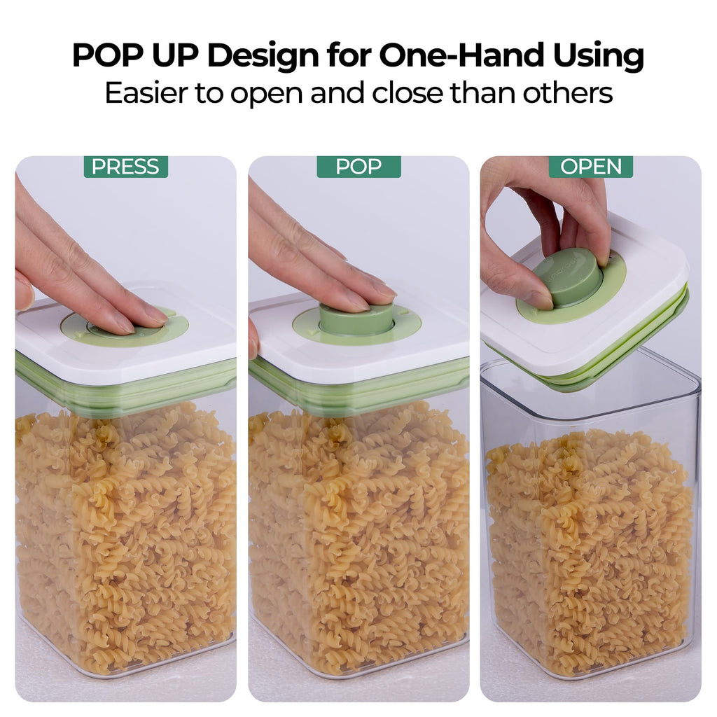 linoroso Set of 4 Pop Airtight Food Storage Containers with Date Recording Lids, Stackable Plastic Kitchen Storage Containers, Dry Cereal Container Set for Pantry Countertop Fridge Organization
